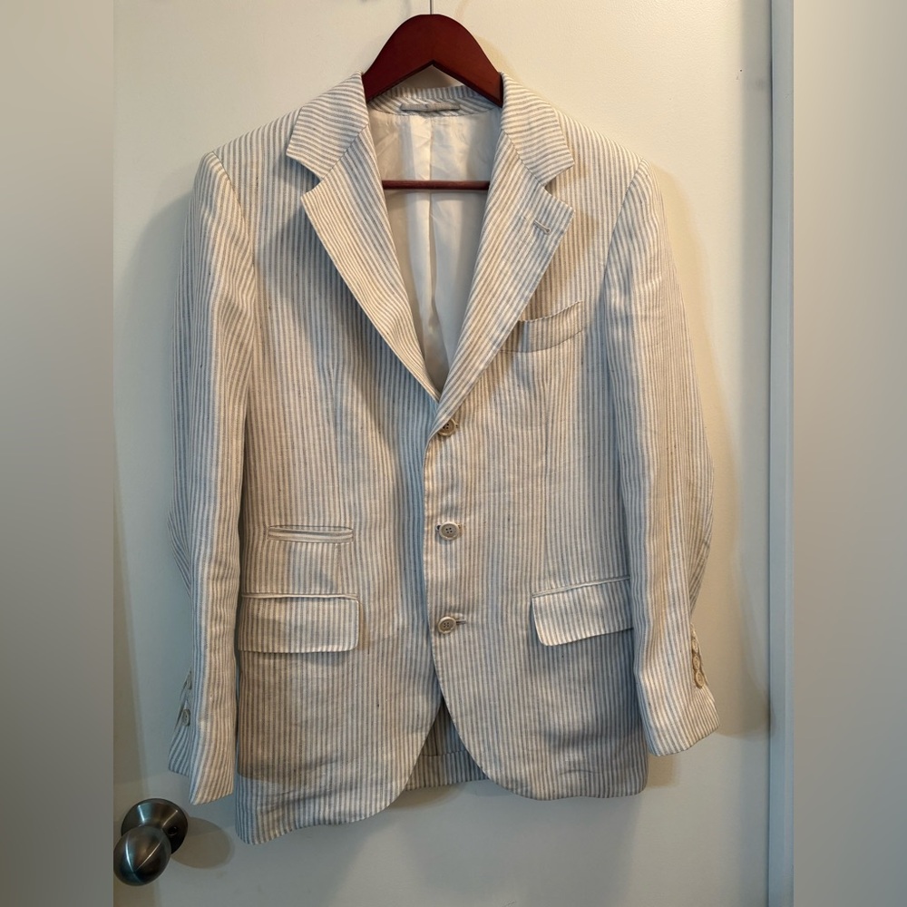 Brunello Cucinelli Cream Stripe Custom Sports  Jacket Blazer